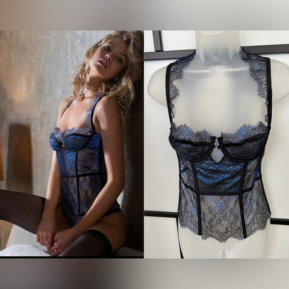 NWT Victoria's Secret 34C Scandalous Blue Black Corset Sheer Embellished